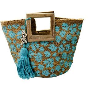 Twig & Arrow Boho Woven Jute Hand Painted Turquoise Flower Tote Beach Bag Tassel
